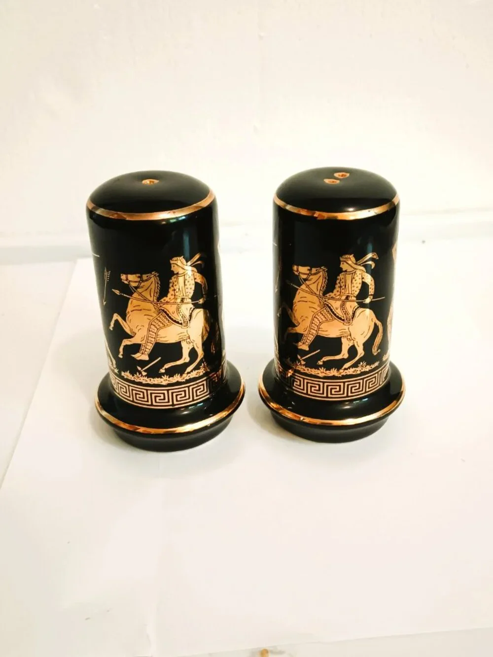 Greek Key Salt & Pepper Shakers Vintage Black with 24K Gold Trim